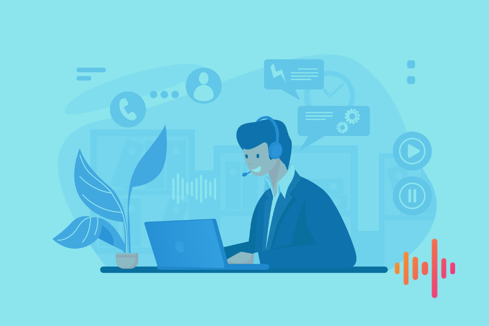 Illustration of a call centre adviser in a headset at a laptop, surrounded by phone, chat and playback icons