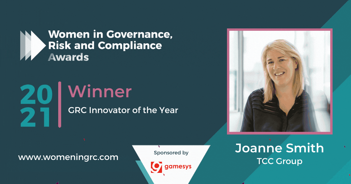 Animated Women in Governance, Risk and Compliance Awards 2021 winner graphic for Joanne Smith of TCC Group, with confetti