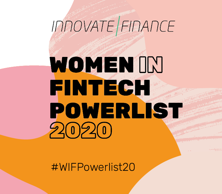 Pink and orange Innovate Finance graphic for the Women in FinTech 2020 Powerlist, with the hashtag WIFPowerlist20
