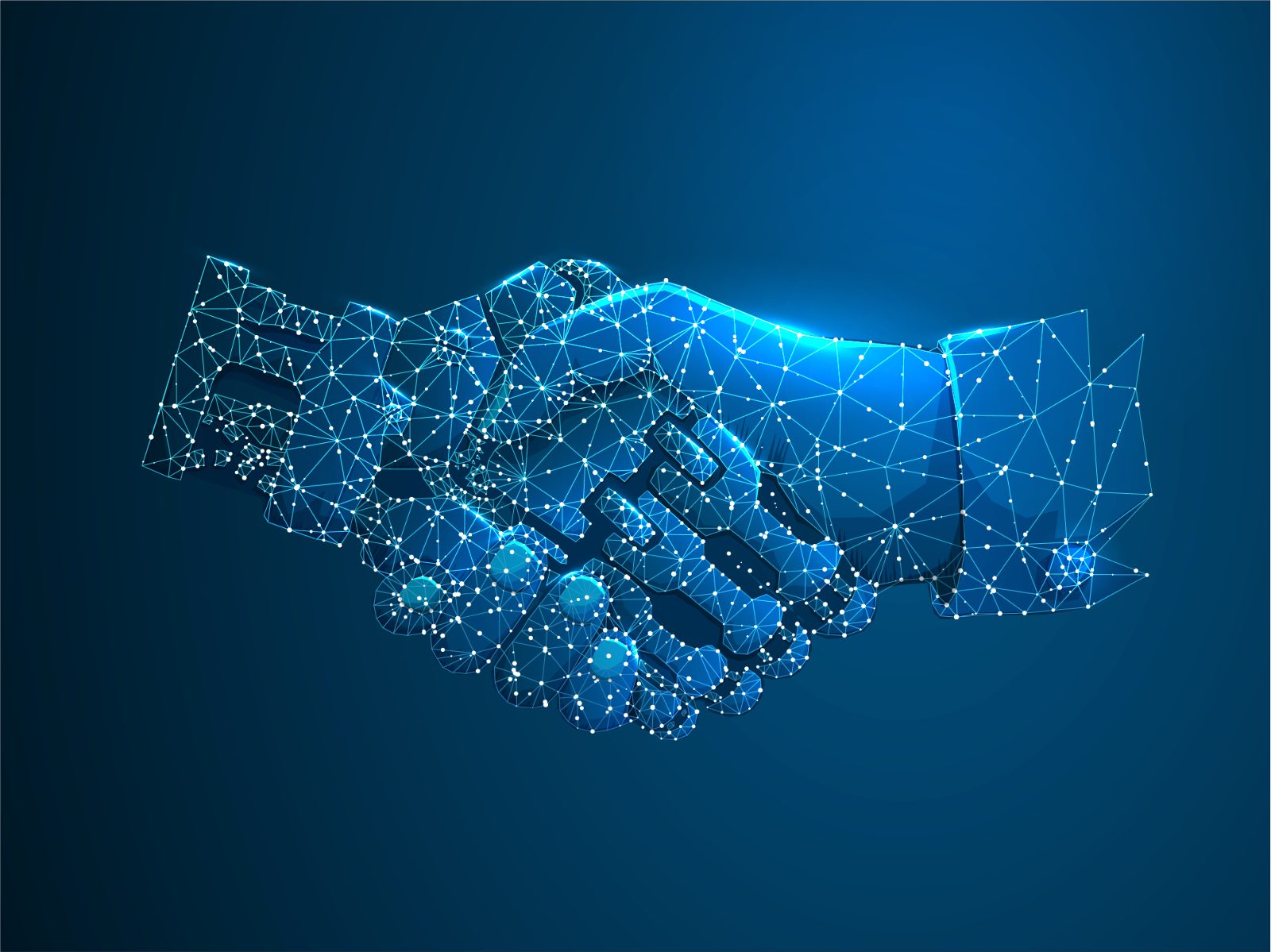 Wireframe handshake made of glowing blue lines and dots on a dark blue background