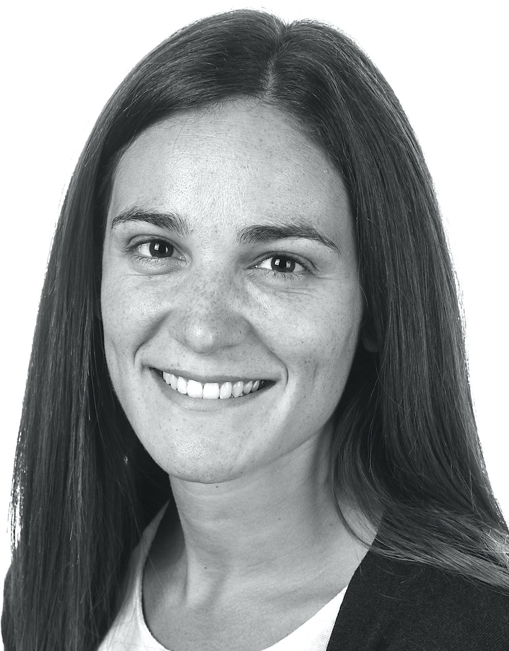 Black-and-white portrait of Roberta Carissimi, Science Lead at Recordsure, smiling with long dark hair