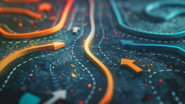 Stylised map of winding orange and teal roads with directional arrows on a dark background