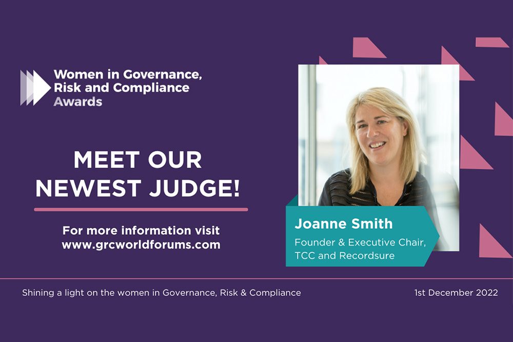 Women in GRC Awards graphic announcing Joanne Smith, Founder and Executive Chair of TCC and Recordsure, as newest judge