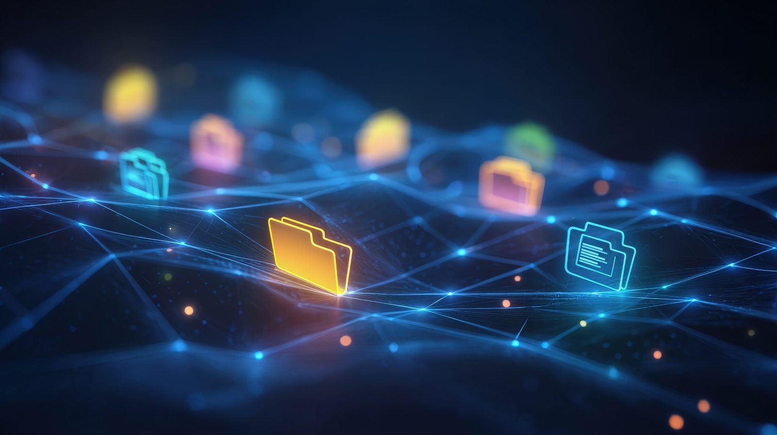 Glowing folder and document icons floating over a blue digital network mesh