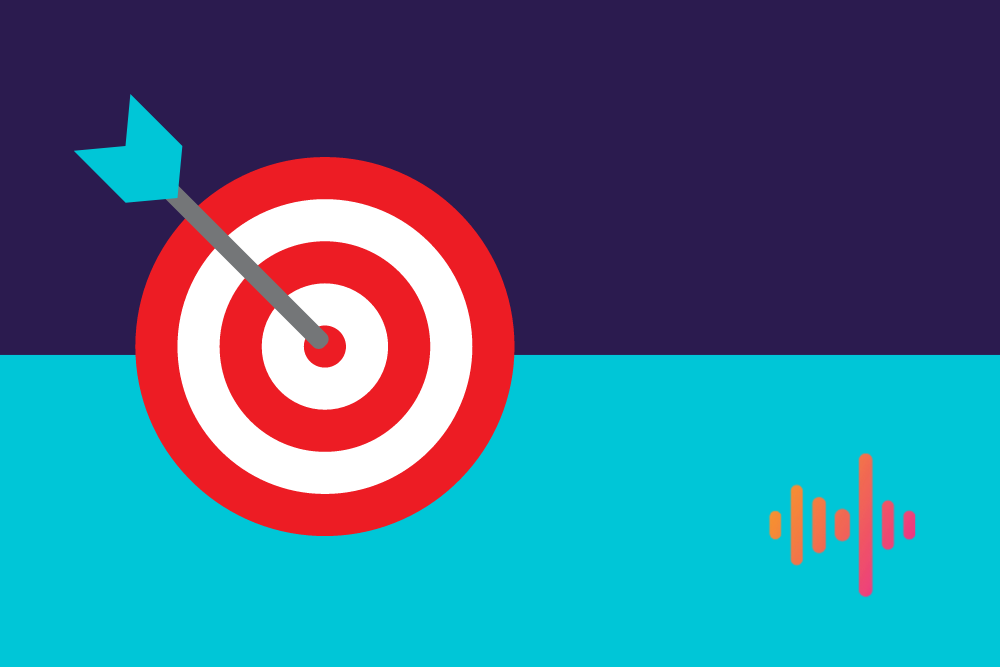 Red and white target with a turquoise-fletched arrow in the bullseye, on a navy and turquoise background