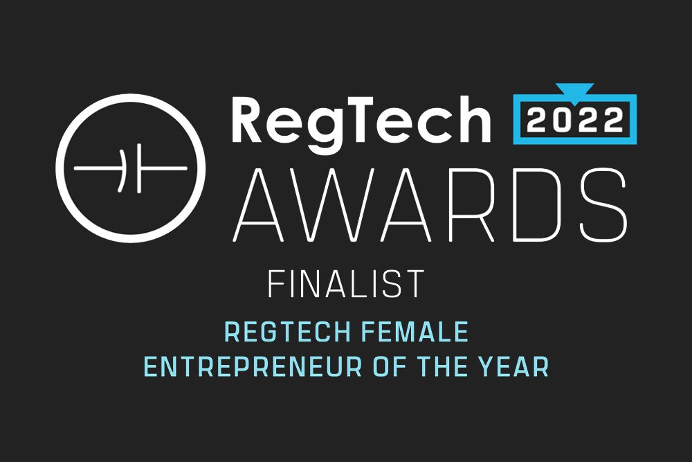 RegTech 2022 Awards finalist graphic for RegTech Female Entrepreneur of the Year, in white and blue on charcoal