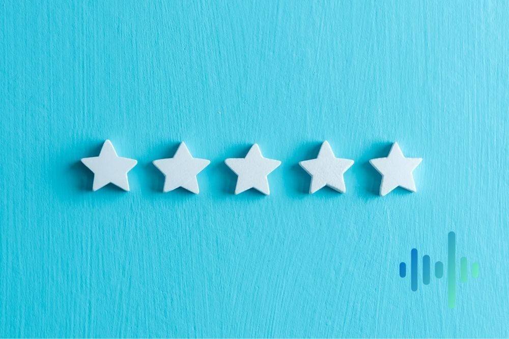 Row of five white stars on a turquoise background, with a blue and teal waveform