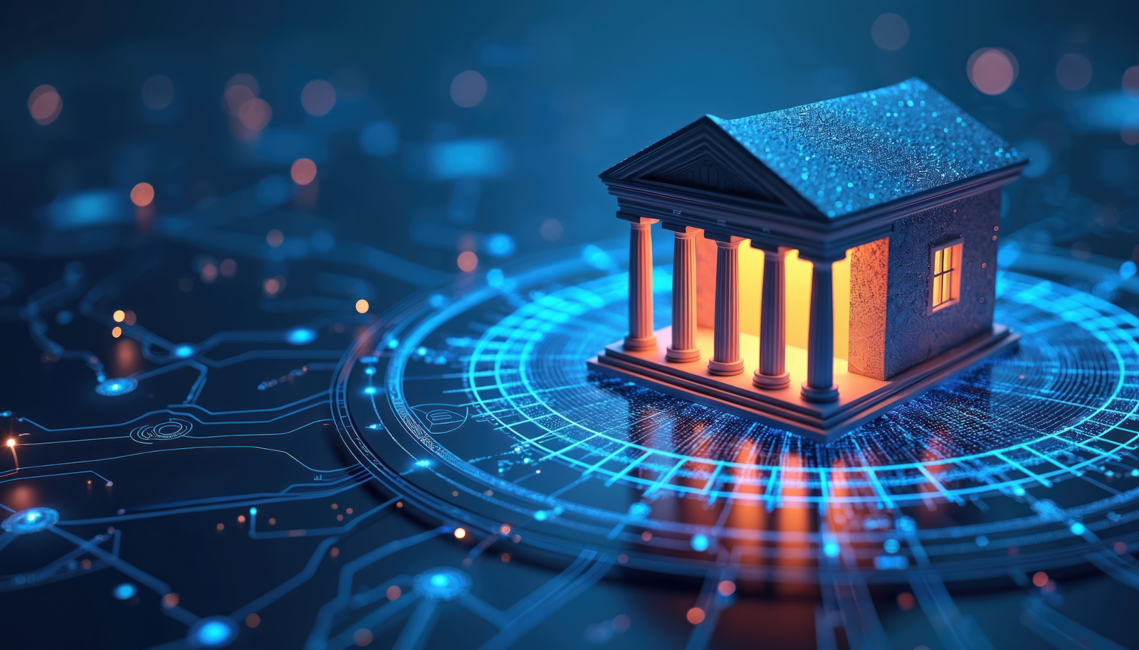 Stylised financial institution surrounded by a network of transaction monitoring signals