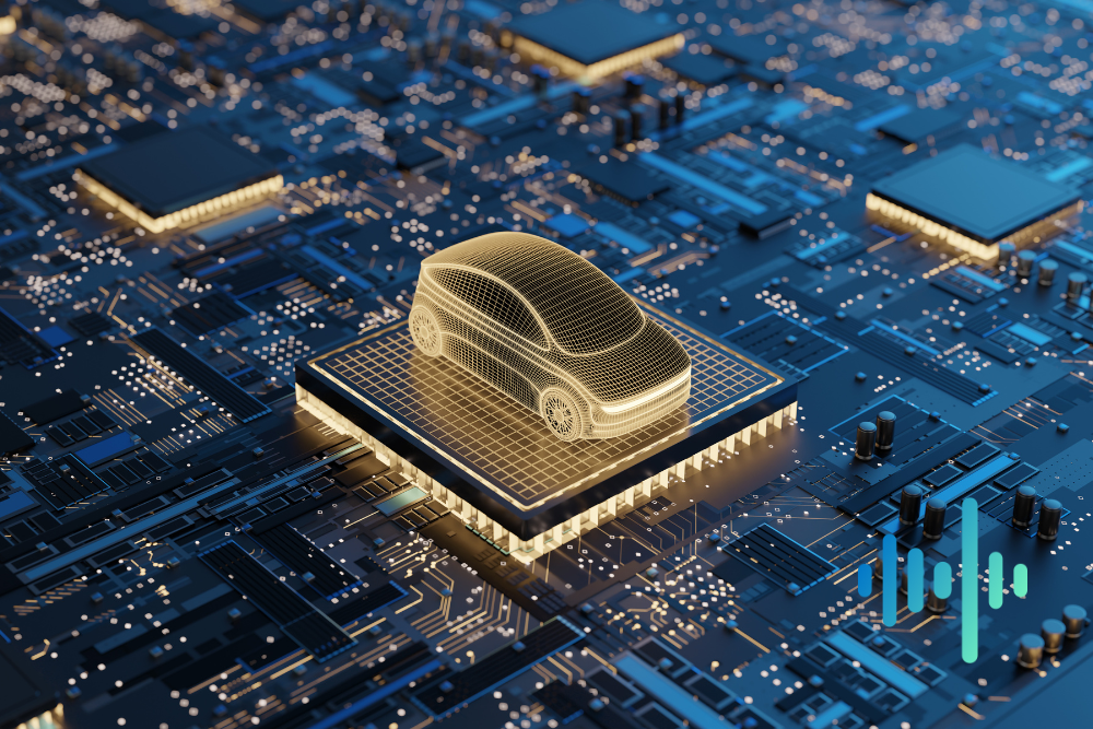 Golden wireframe car sitting on a microchip on a blue circuit board, with a blue and teal waveform