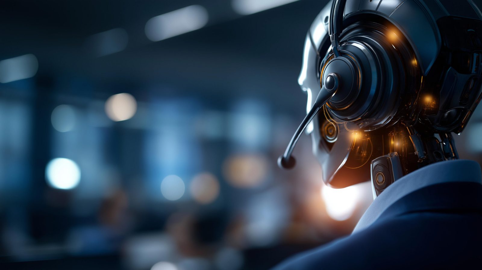 Humanoid robot wearing a headset with a microphone, seen in profile in a blurred blue office