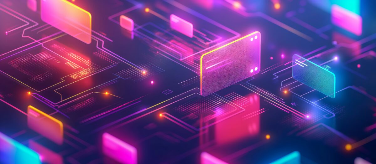 Neon pink and blue payment cards floating above a glowing circuit board