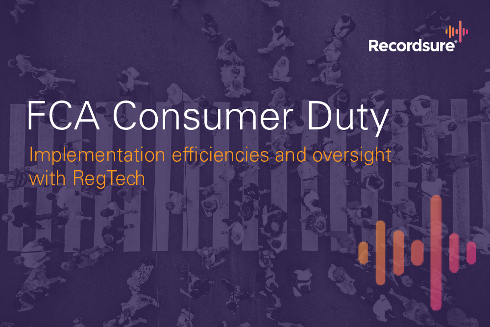 Purple tile titled FCA Consumer Duty: Implementation efficiencies and oversight with RegTech, over a crowd crossing