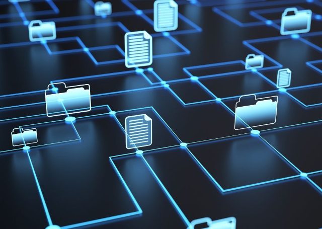 Abstract network of glowing document and folder icons connected by lines, representing linked file records.