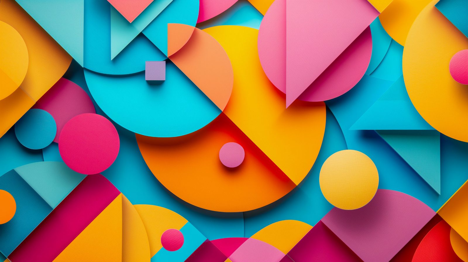 Bold paper-cut geometric shapes in pink, orange, teal and yellow