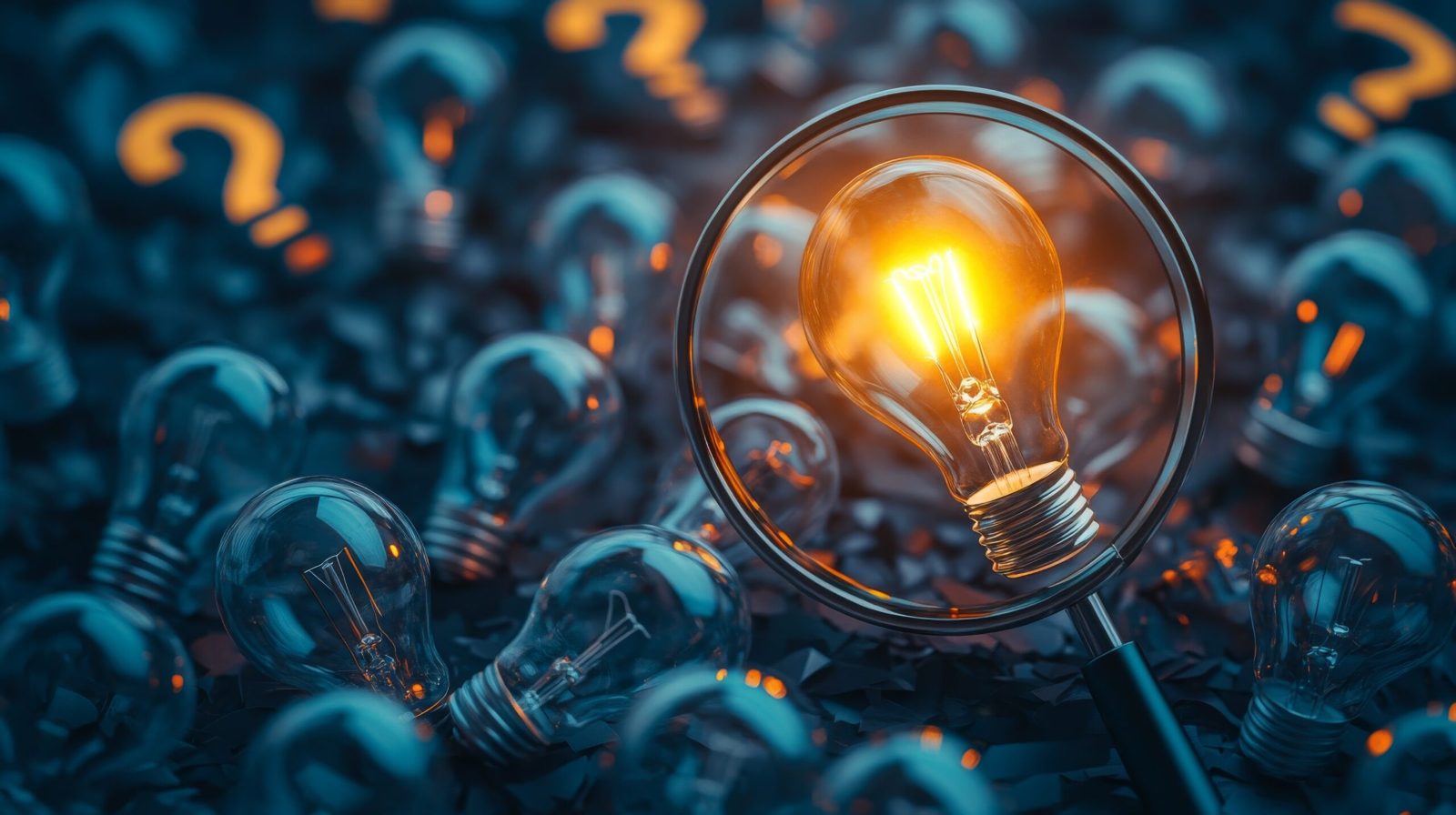 Magnifying glass over a single glowing light bulb among dark bulbs and orange question marks