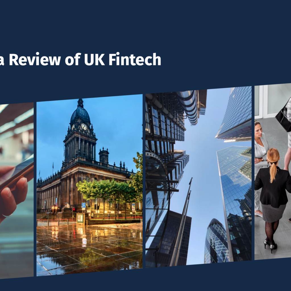 Cropped Kalifa Review of UK Fintech cover with photo panels of a phone, Leeds Town Hall, City towers and colleagues