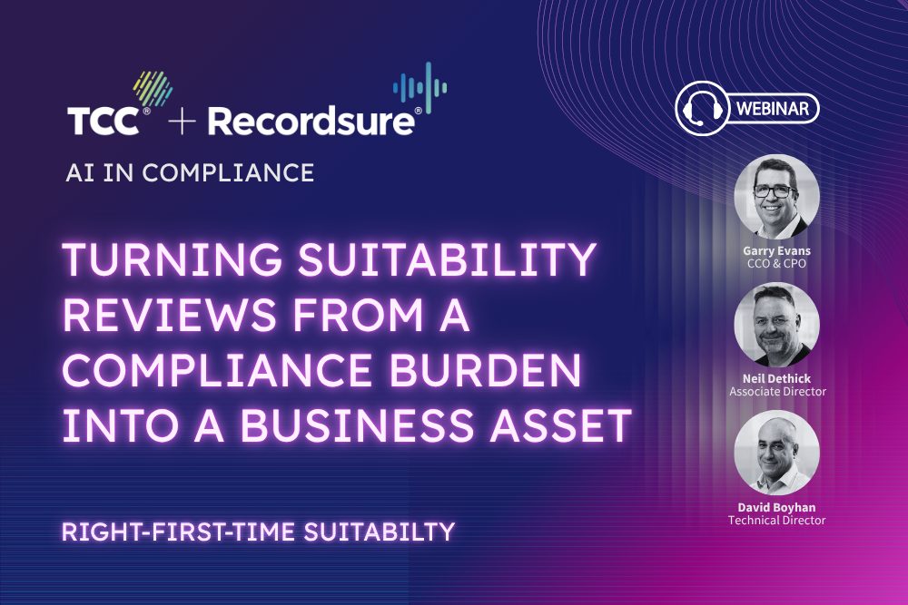 Purple webinar tile titled Turning suitability reviews from a compliance burden into a business asset, with three speakers