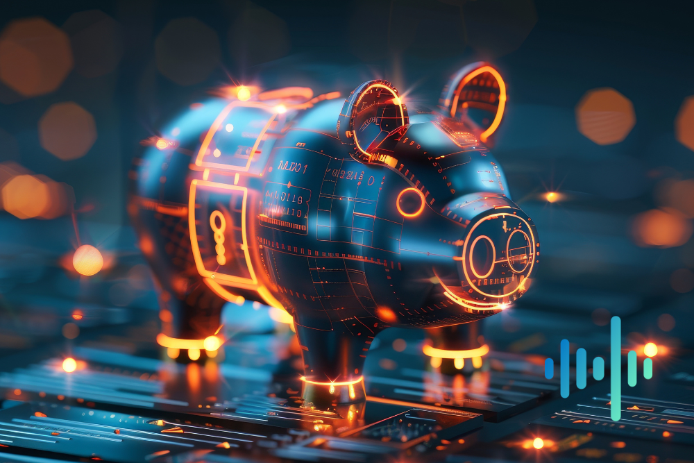 Neon-lit robotic piggy bank standing on a glowing circuit board, with a blue and teal waveform