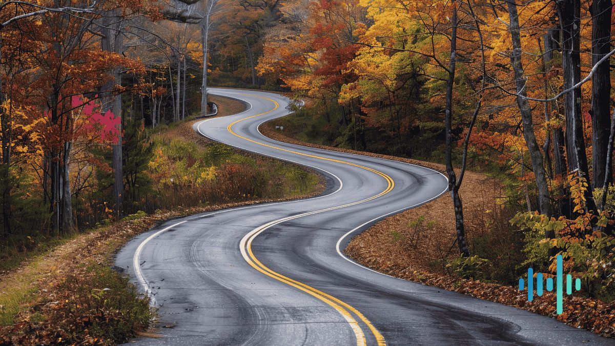 Winding road curving through an autumn forest of orange and yellow trees, with a blue and teal waveform
