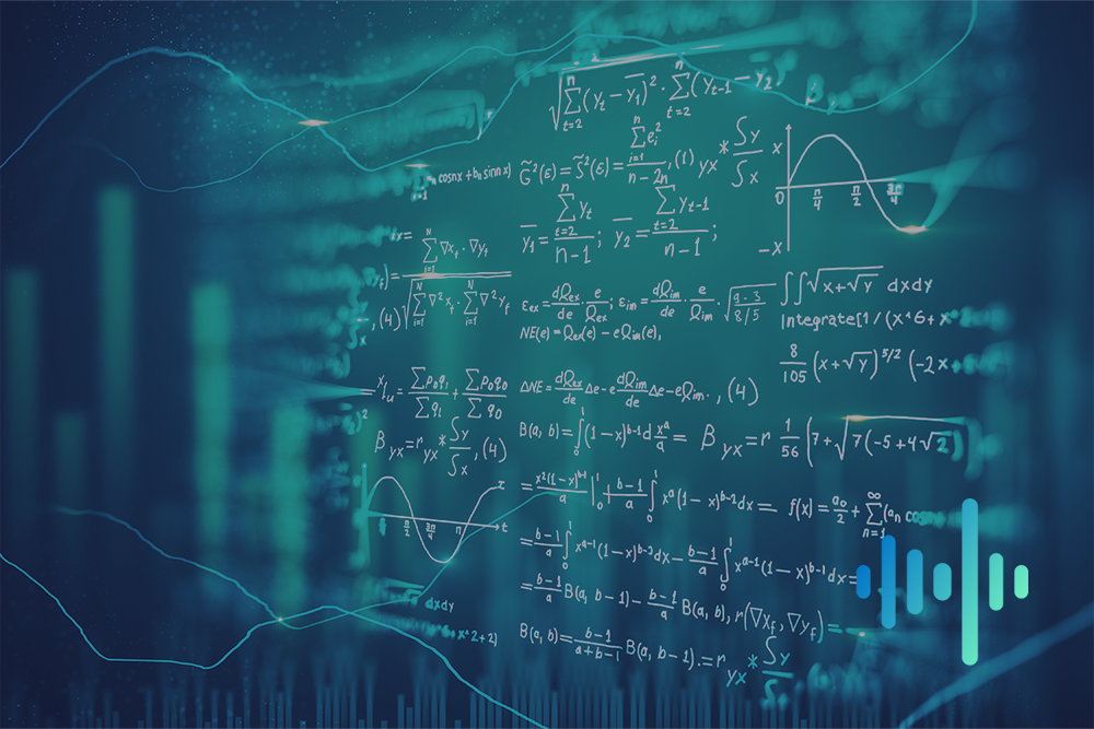 Handwritten statistics equations and graph sketches floating over a teal data chart background