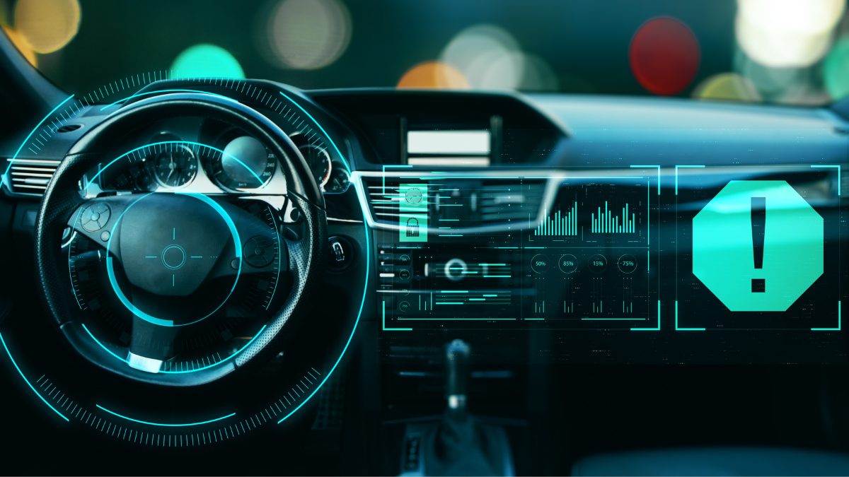 Car dashboard overlaid with glowing teal digital displays and a large exclamation warning symbol