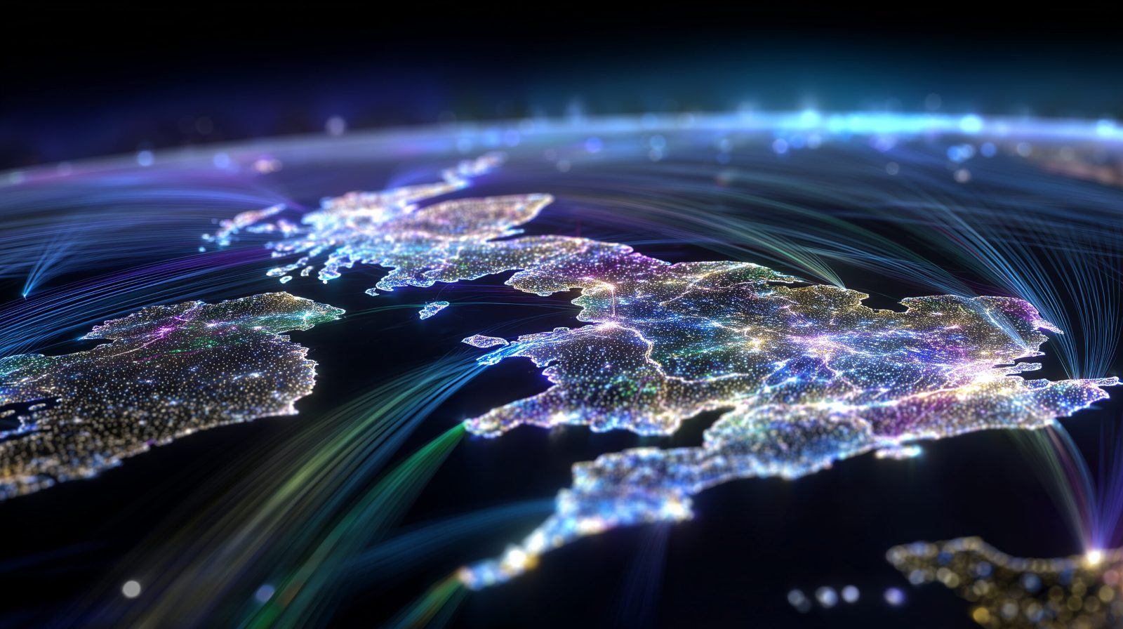 Night-time view of Europe from space with city lights linked by glowing data streams