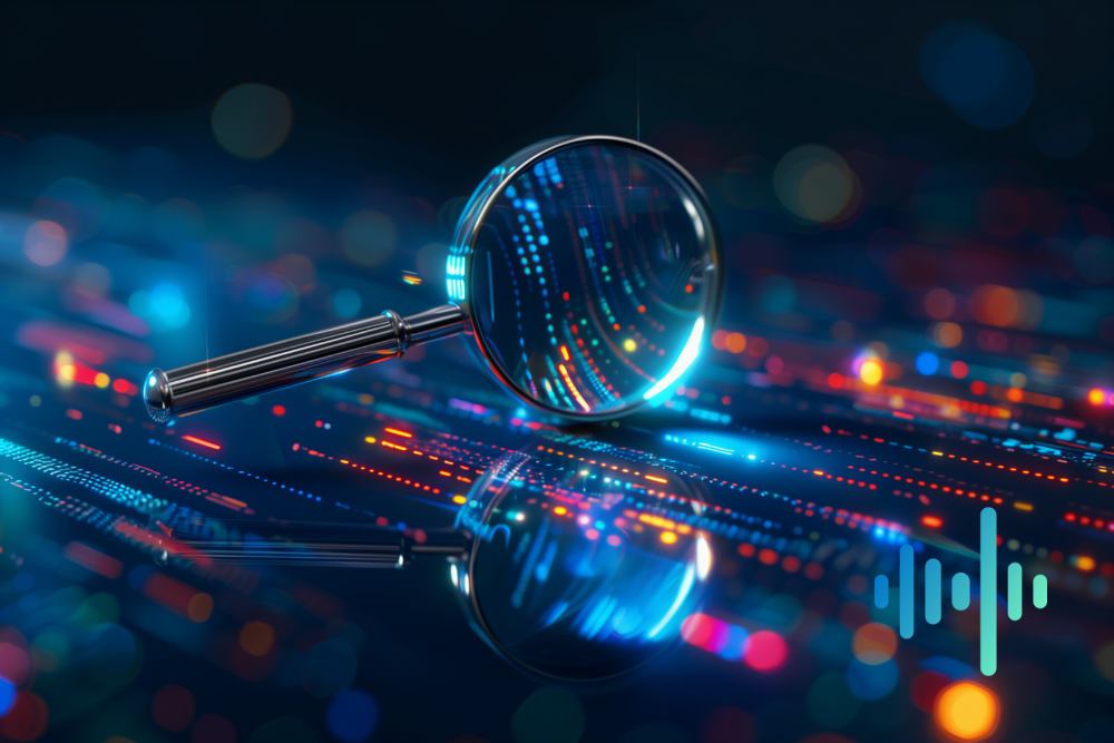 Magnifying glass resting on a glowing circuit surface with blue and red streaks of light, with a blue and teal waveform