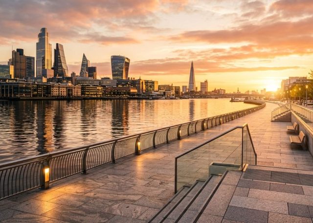 Elevated view of the financial district of London at dusk England