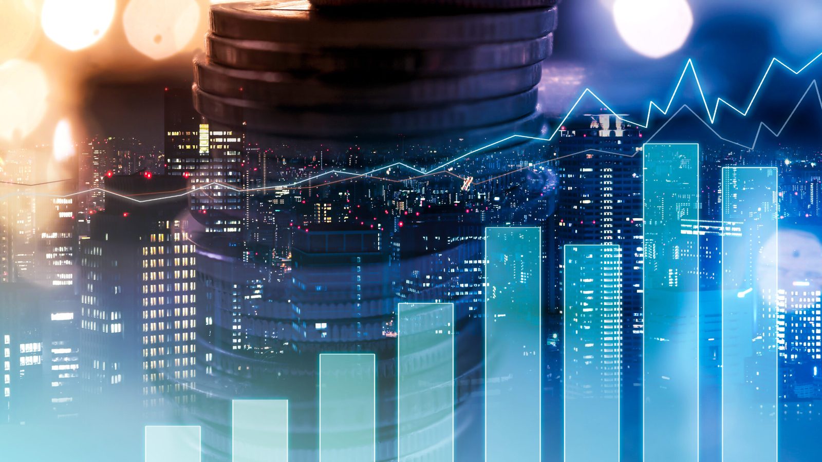 Stack of coins blended with a night-time city and a glowing bar and line chart