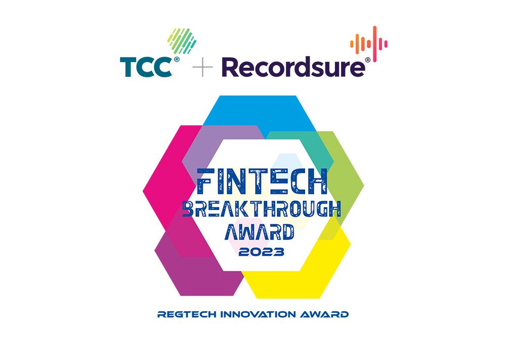FinTech Breakthrough Award 2023 RegTech Innovation Award badge beneath TCC and Recordsure logos on white