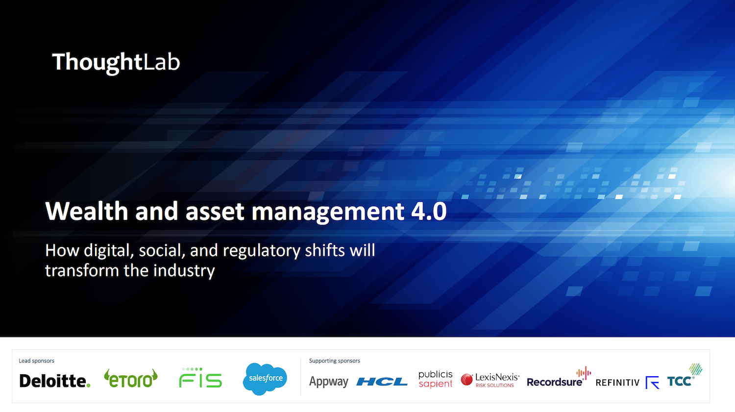 ThoughtLab Wealth and asset management 4.0 study cover in blue, with a row of sponsor logos including Recordsure