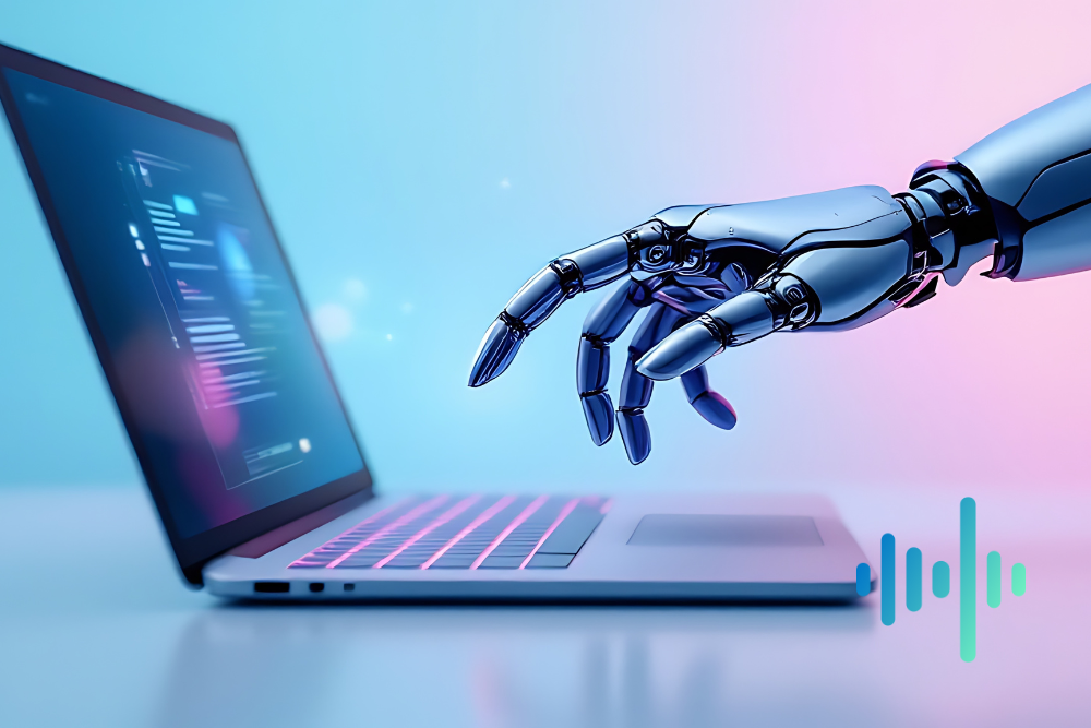 Blue robotic hand reaching towards an open laptop against a soft blue and pink background, with a waveform
