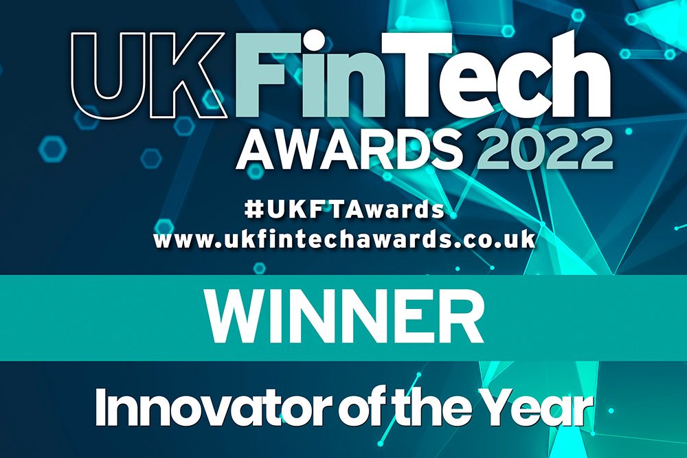 UK FinTech Awards 2022 graphic announcing the winner of Innovator of the Year, on a teal network background