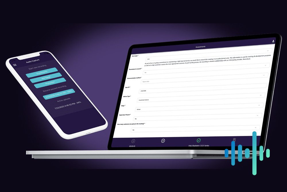 Smartphone and laptop showing the Audio Capture app's recording menu and investments form, with a blue and teal waveform