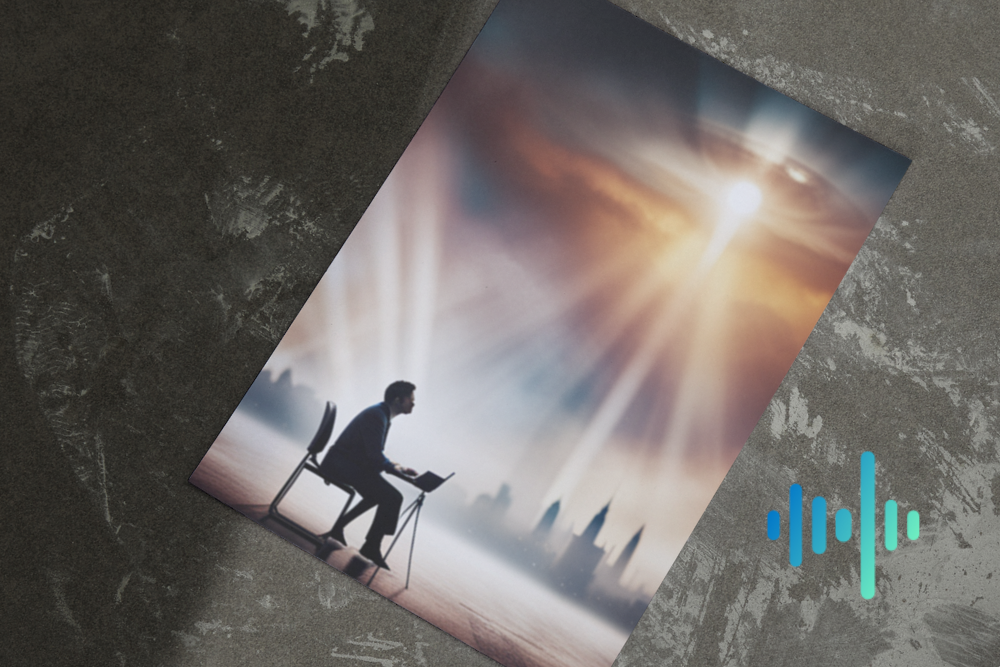 Print on a concrete surface of a silhouetted person working at a laptop as a beam of light falls over a city