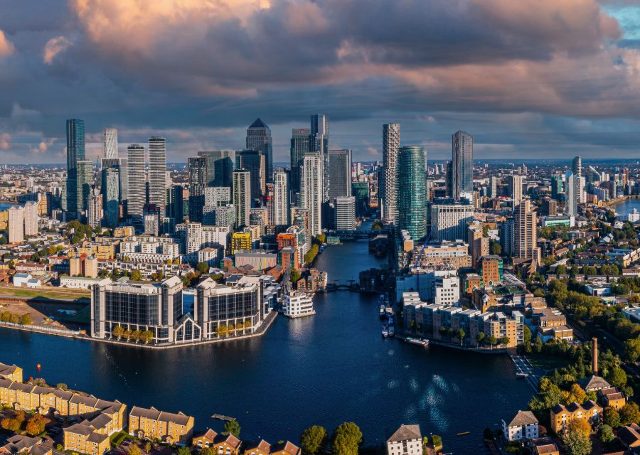 Aerial panoramic view of the Canary Wharf business district in London, UK. Financial district in London.