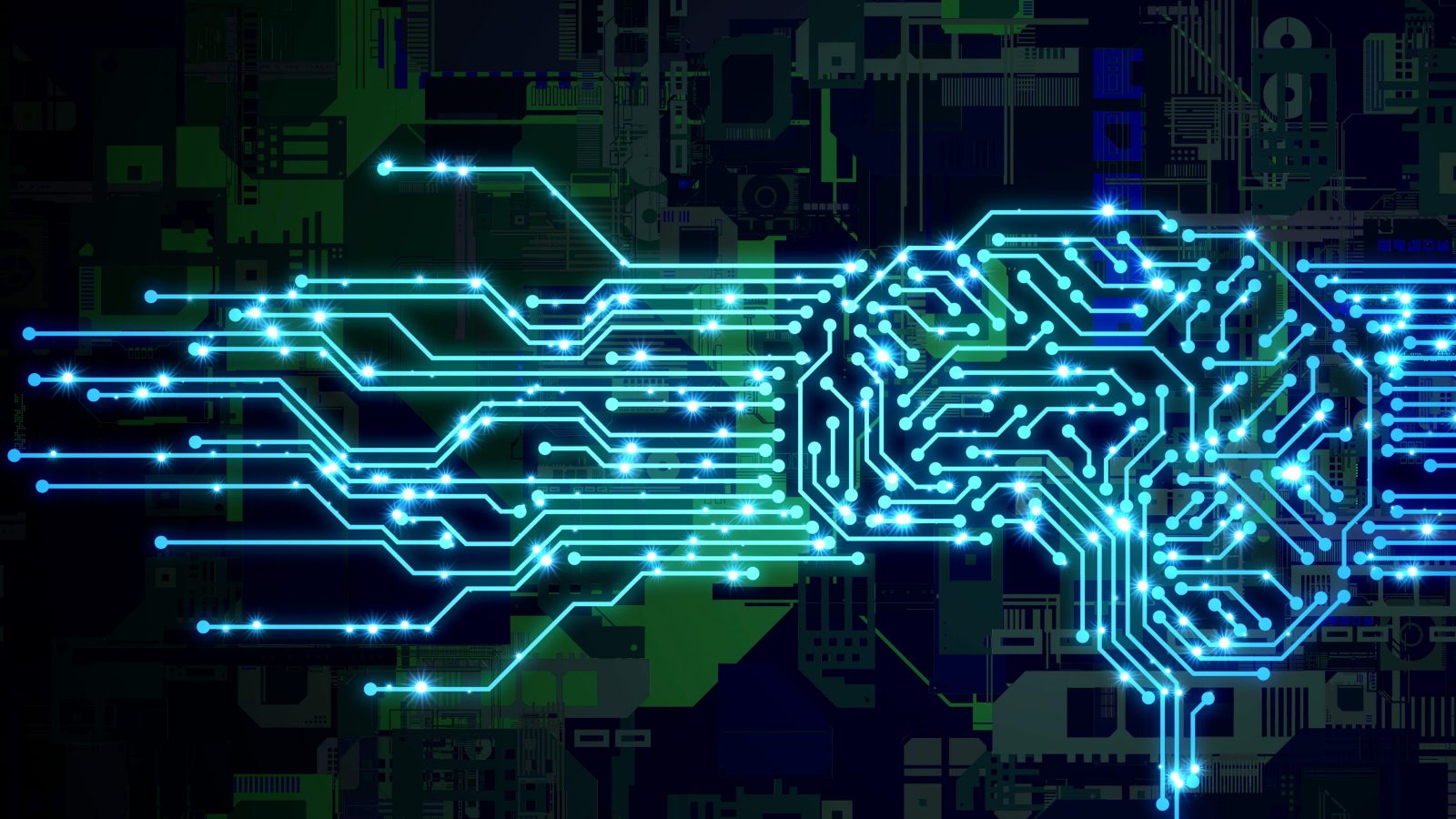 Glowing cyan circuit traces forming the outline of a brain on a dark green circuit board