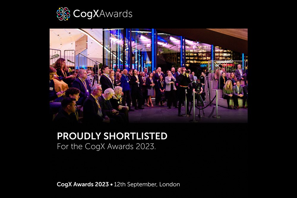 Black CogX Awards graphic with an awards-night crowd photograph and the words Proudly shortlisted for the CogX Awards 2023
