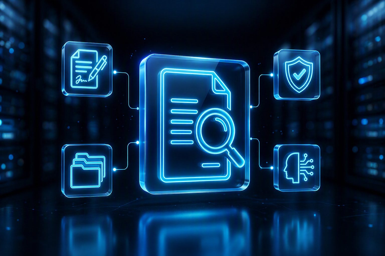 Glowing blue icons of a document under a magnifying glass, folders, a shield and an AI head in a server room
